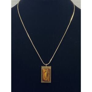 Gold Tone Brown Stone Rectangle Pendant Virgo Necklace Boho Celestial